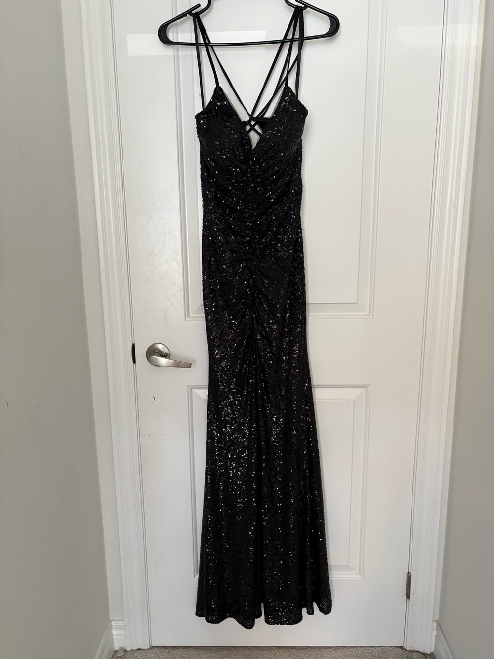 Black Sequin Maxi Dress with Strappy criss cross open back